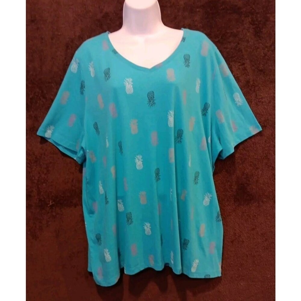 Catherine's Womens 2XL Colorful Pineapple Tropic Turquoise V-neck Blouse EZ Care